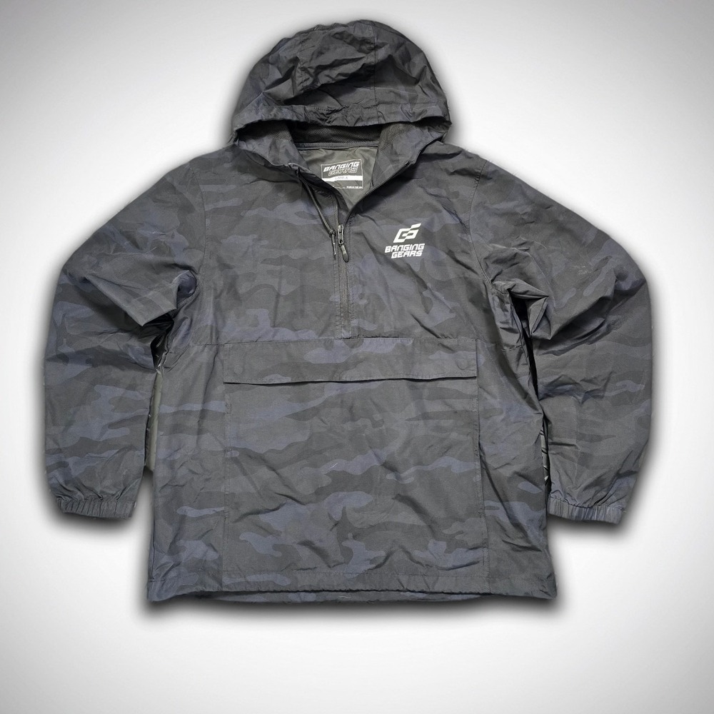 Banging Gears Camo Anorak Jacket Large Black Nylon Hooded Windbreaker‎ USA
